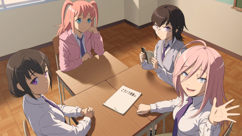 bags_under_eyes black_hair blazer chair collared_shirt glasses highres ichikawa_masahiro jacket katou_asuka komiyama_kotomi long_hair low_twintails multiple_girls necktie nemoto_hina on_chair open_mouth purple_necktie school_uniform shirt short_hair skirt smile sweater_vest tamura_yuri twintails watashi_ga_motenai_no_wa_dou_kangaetemo_omaera_ga_warui! yellow_skirt