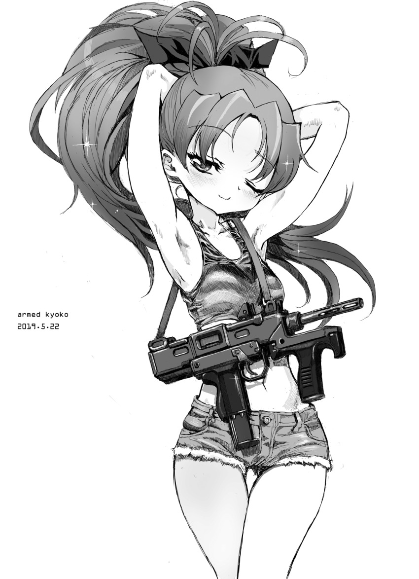 1girl 2019 black_tank_top dated denim denim_shorts greyscale gun gun_sling highres long_hair mahou_shoujo_madoka_magica minebea_pm-9 monochrome one_eye_closed ponytail sakura_kyoko shorts solo submachine_gun tank_top toshi_(little-fluffy-cloud) weapon