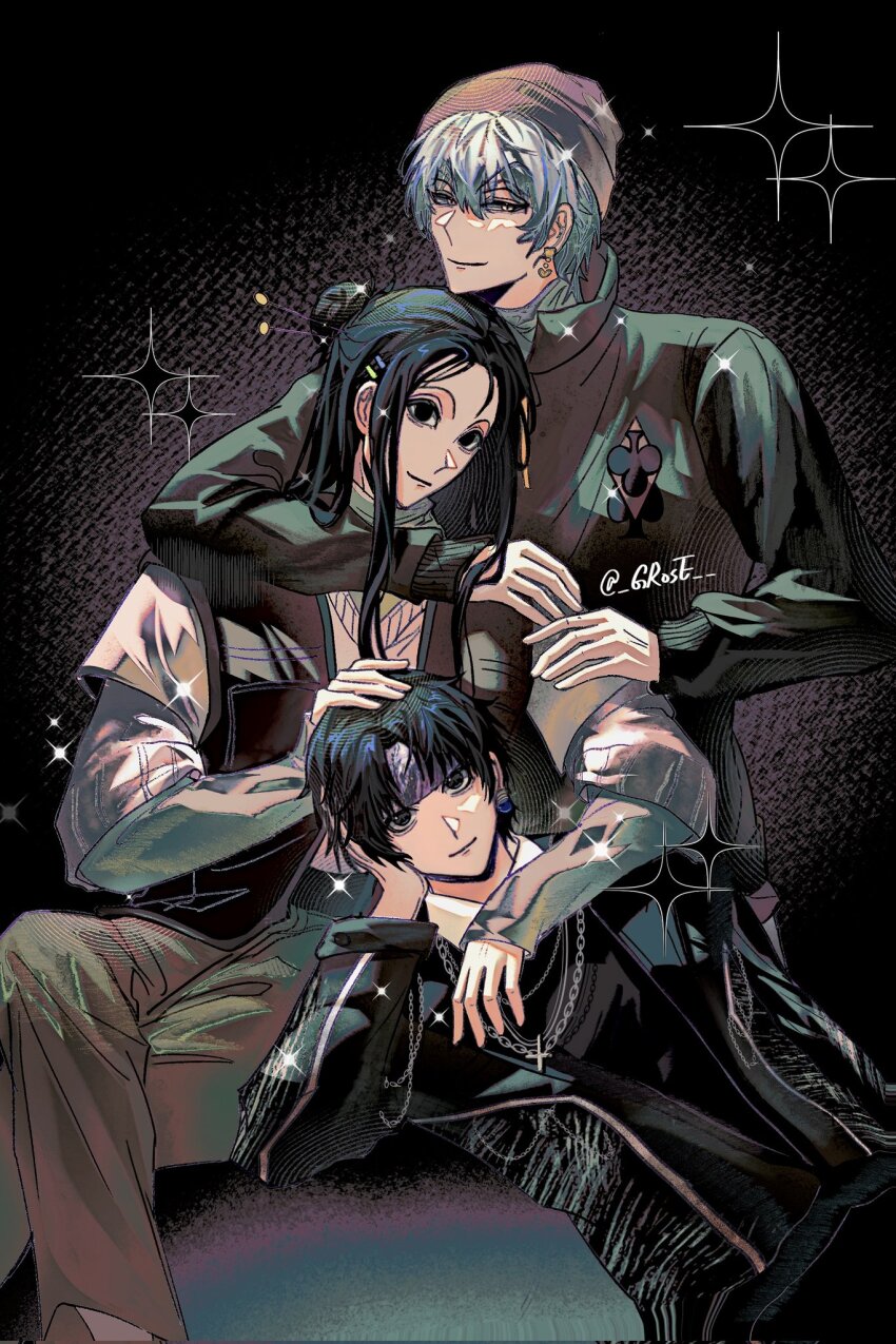 3boys arm_around_neck beanie black_hair black_jacket chrollo_lucilfer collared_shirt cross cross_necklace crossed_legs earrings furrowed_brow grey_hair grey_pants grose hair_between_eyes hair_bun hand_on_another&#039;s_head hat head_on_hand headband highres hisoka_morow hunter_x_hunter illumi_zoldyck jacket jewelry long_hair looking_at_viewer male_focus multiple_boys necklace pants parted_bangs shirt short_hair smile white_shirt