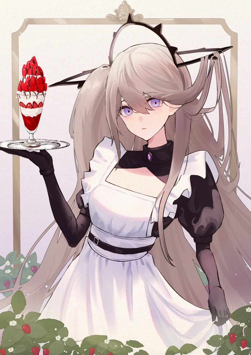 1girl absurdres alternate_costume aoi_tooru apron arknights black_dress black_gloves brown_hair closed_mouth cowboy_shot dress enmaided food gloves hair_between_eyes hair_ornament highres holding holding_plate ice_cream indigo_(arknights) juliet_sleeves long_hair long_sleeves looking_at_viewer maid maid_apron plate puffy_sleeves purple_eyes skirt_hold solo very_long_hair