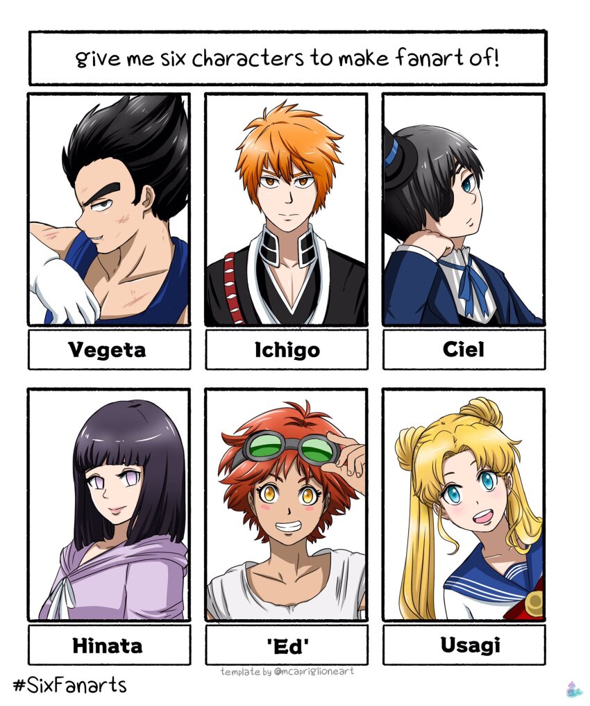 3boys 3girls artykinasia bishoujo_senshi_sailor_moon bleach blonde_hair blue_eyes blue_ribbon blue_sailor_collar blunt_bangs blush_stickers ciel_phantomhive commentary cowboy_bebop double_bun dragon_ball edward_wong_hau_pepelu_tivrusky_iv english_commentary gloves goggles goggles_on_head hair_bun hat head_rest highres hyuuga_hinata kurosaki_ichigo kuroshitsuji looking_at_viewer medium_hair mini_hat multiple_boys multiple_drawing_challenge multiple_girls naruto naruto_(series) neck_ribbon orange_eyes orange_hair parted_bangs red_hair ribbon sailor_collar shirt short_hair smile tsukino_usagi twitter_username vegeta white_background white_gloves white_shirt yellow_eyes