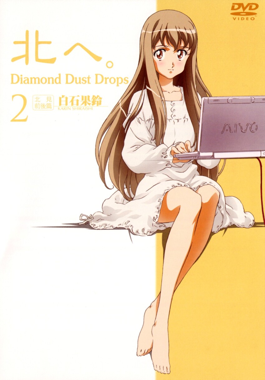 1girl anime_coloring artist_request bare_legs barefoot blush brown_eyes buttons cable character_name closed_mouth collarbone computer copyright_name crossed_legs dress fingernails full_body hair_over_shoulder highres kita_e kita_e._diamond_dust_drops laptop long_hair long_sleeves looking_to_the_side numbered official_art puffy_dress puffy_long_sleeves puffy_sleeves shiraishi_karin simple_background sitting split_mouth straight_hair third-party_source title toes very_long_hair white_background wispy_bangs yellow_background