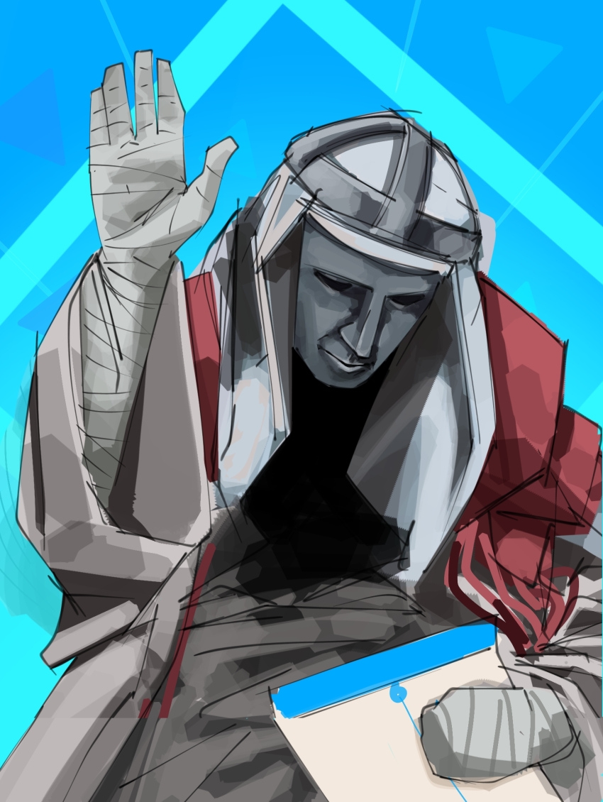 1boy bandaged_arm bandages blue_archive blue_background envelope highres holding holding_envelope kingdom_of_heaven mask parody phrenapates_(blue_archive) trait_connection