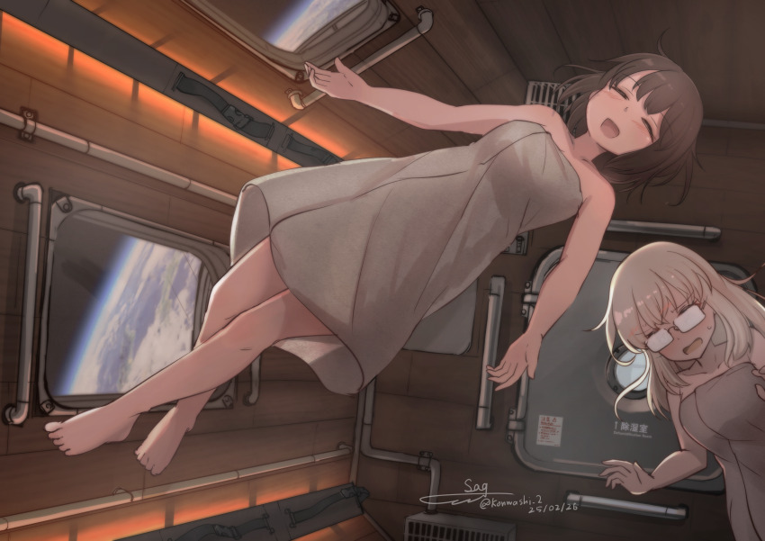2girls absurdres blonde_hair brown_hair closed_eyes glasses highres long_hair multiple_girls naked_towel original sauna science_fiction space space_station spacecraft teisei_misagi towel zero_gravity