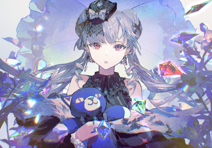 1girl acid_(maimai) black_hat bow double_bun earrings hair_bun hat hat_bow holding holding_stuffed_toy jewelry lobelia_(saclia) long_hair looking_at_viewer maimai_(game) mini_hat parted_lips red_eyes solo stuffed_toy twintails upper_body