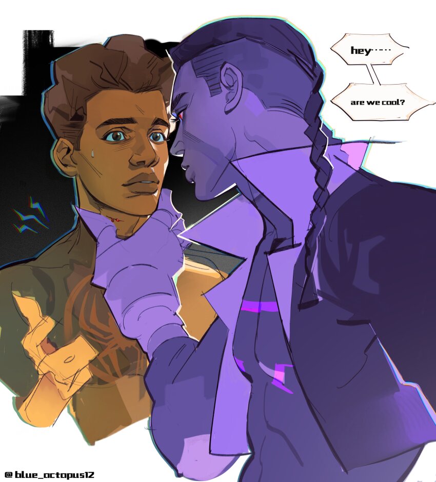 2boys absurdres animal_print artist_name blood blue_octopus12 bodysuit braid commentary dark-skinned_male dark_skin dual_persona english_commentary english_text gloves hand_on_another&#039;s_neck hand_up highres jacket lightning_bolt_symbol lips long_hair long_sleeves looking_at_another male_focus marvel miles_g._morales miles_morales multiple_boys open_clothes open_jacket puffy_long_sleeves puffy_sleeves short_hair speech_bubble spider-man:_across_the_spider-verse spider-man_(miles_morales) spider-man_(series) spider-verse spider_print superhero_costume sweatdrop teeth twin_braids upper_body