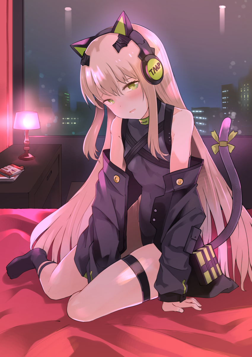 1girl animal_ear_headphones animal_ears bare_arms bare_legs bare_shoulders bed bed_sheet black_bodysuit black_jacket black_socks blonde_hair blush bodysuit book breasts building cat_ear_headphones cat_ears cat_tail character_name choker city city_lights cityscape commentary_request drawer earphones embarrassed eyebrows fake_animal_ears fake_tail flustered frown girls&#039;_frontline green_eyes green_ribbon hands_on_bed head_tilt headphones headwear_request highres indoors jacket lamp leaning leaning_forward legband long_hair long_sleeves looking_at_viewer night night_sky nightstand off_shoulder on_bed open_mouth parted_bangs parted_lips platinum_blonde_hair pocket pouch ribbon sidelocks sitting sky small_breasts socks solo spots strap tagme tail tail_ornament tail_ribbon thigh_bands thigh_strap thighs tmp_(girls&#039;_frontline) tomurasuisen very_long_hair wall window yokozuwari