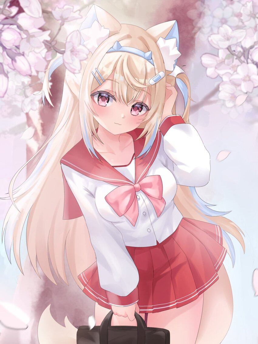 1girl animal_ear_fluff animal_ears astrachan949 blonde_hair blue_hair blue_hairband breasts cherry_blossoms cowboy_shot dog_ears dog_girl dog_tail fuwawa_abyssgard hairband highres hololive hololive_english long_hair medium_breasts miniskirt multicolored_hair pink_eyes pleated_skirt red_skirt shirt skirt solo spiked_hairband spikes streaked_hair tail two-tone_hair virtual_youtuber white_shirt