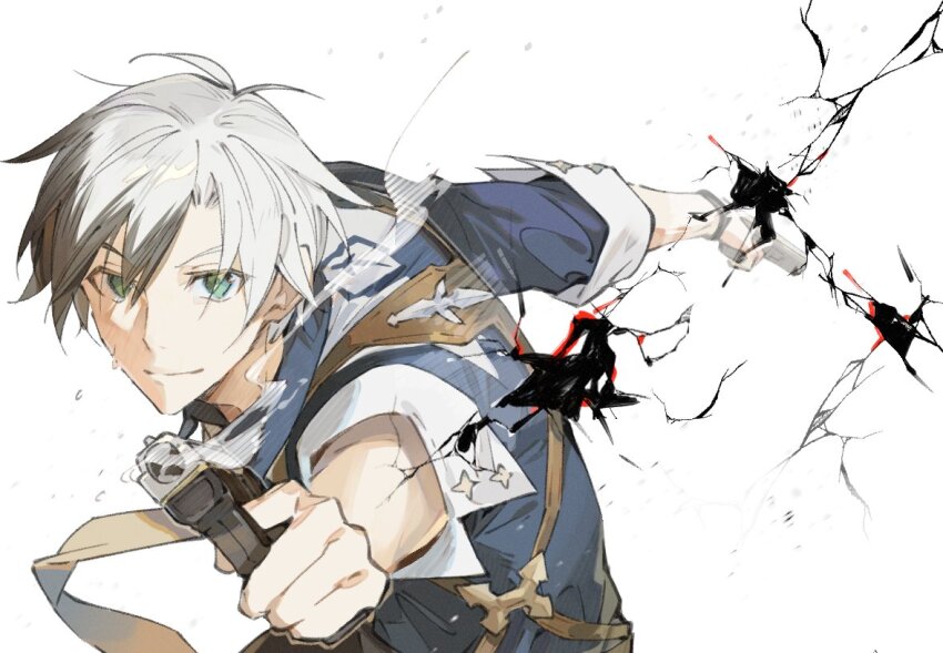 1boy aiming aiming_at_viewer black_hair blue_shirt dual_wielding green_eyes gun holding ludger_will_kresnik male_focus multicolored_hair necktie shattered shirt smoke smoking_barrel solo sweat tales_of_(series) tales_of_xillia tales_of_xillia_2 two-tone_hair weapon white_hair xing_20 yellow_necktie