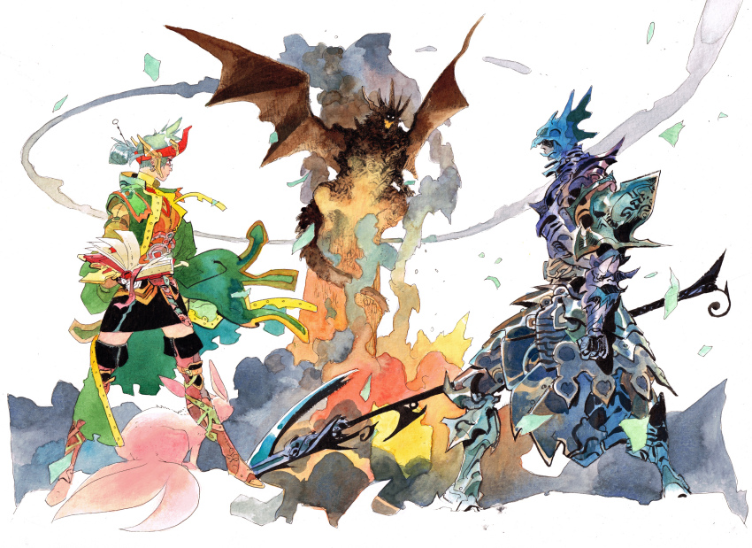 1girl 1other ambiguous_gender armor armored_skirt bahamut_(final_fantasy) black_skirt blue_armor book boots carbuncle_(final_fantasy) coat confrontation dragon dragon_hat dragoon dragoon_(final_fantasy) fake_horns final_fantasy fire from_side full_armor glasses green_coat green_hair grimoire head_wings headband highres holding holding_book holding_polearm holding_weapon horned_headwear horns long_sleeves matias_bergara monster open_book polearm ponytail profile purple_armor red_headband short_hair short_ponytail skirt smoke spear summoner_(final_fantasy) thigh_boots weapon white_background wings