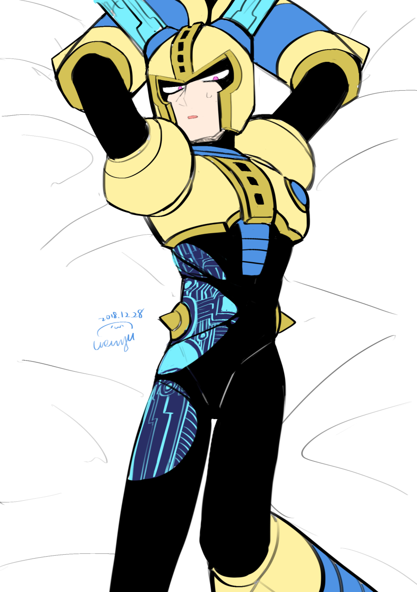 1boy absurdres android armor arms_up bed bed_sheet black_bodysuit bodysuit breastplate commentary_request feet_out_of_frame fuse fuse_man gloves helmet highres joints looking_at_viewer lying male_focus mega_man_(classic) mega_man_(series) mega_man_11 on_back on_bed parted_lips purple_eyes robot robot_joints shoulder_armor simple_background solo solo_focus torn_bodysuit torn_clothes vambraces wenyu white_background white_gloves wire yellow_armor yellow_headwear