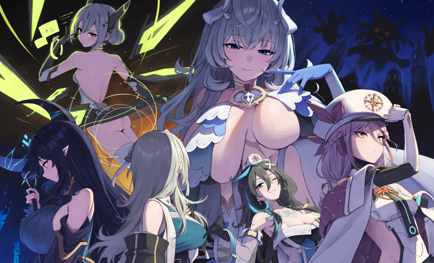 6+girls armor ass belian_(epic_seven) black_hair blue_eyes blush braid breasts cleavage dress eda_(epic_seven) epic_seven everyone flan_(epic_seven) gloves grey_hair hat highres horns huge_breasts karadborg laika_(epic_seven) landy_(epic_seven) large_breasts long_hair medium_breasts multiple_girls night one_eye_closed pointy_ears politis_(epic_seven) ponytail red_eyes short_hair silhouette sky staff thighhighs wristwear yellow_eyes