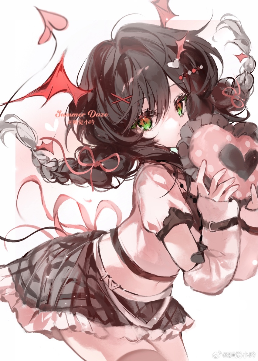 1girl arm_belt back_bow belt belt_buckle black_belt black_bow black_collar black_skirt black_thighhighs bow braid brown_eyes brown_hair buckle buttons check_copyright chinese_commentary collar collared_shirt commentary_request copyright_request covered_mouth cowboy_shot demon_tail demon_wings detached_sleeves english_text eyelashes fingernails floating_hair frilled_skirt frills green_eyes hair_ornament hair_ribbon hairclip head_wings heart heart-shaped_pillow heart_hair_ornament high_collar highres holding holding_pillow leaning_forward long_sleeves looking_at_viewer low_twin_braids midriff miniskirt multicolored_eyes original pillow pink_ribbon plaid_clothes plaid_skirt polka_dot puffy_long_sleeves puffy_short_sleeves puffy_sleeves ribbon shirt short_sleeves simple_background skirt sleeve_bow sleeves_past_wrists solo tail thighhighs twin_braids two-tone_eyes watermark weibo_watermark white_background white_belt white_shirt wing_hair_ornament wings x_hair_ornament zi_yin