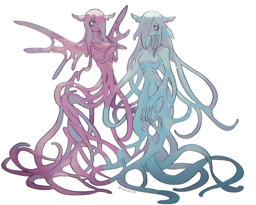 2girls animal_ears blue_eyes blue_hair blue_skin closed_mouth colored_skin completely_nude gills highres looking_at_viewer monster_girl multiple_girls nude original pink_eyes pink_hair pink_skin ruteko_(ruko220) scylla simple_background slime_girl tentacles white_background wings