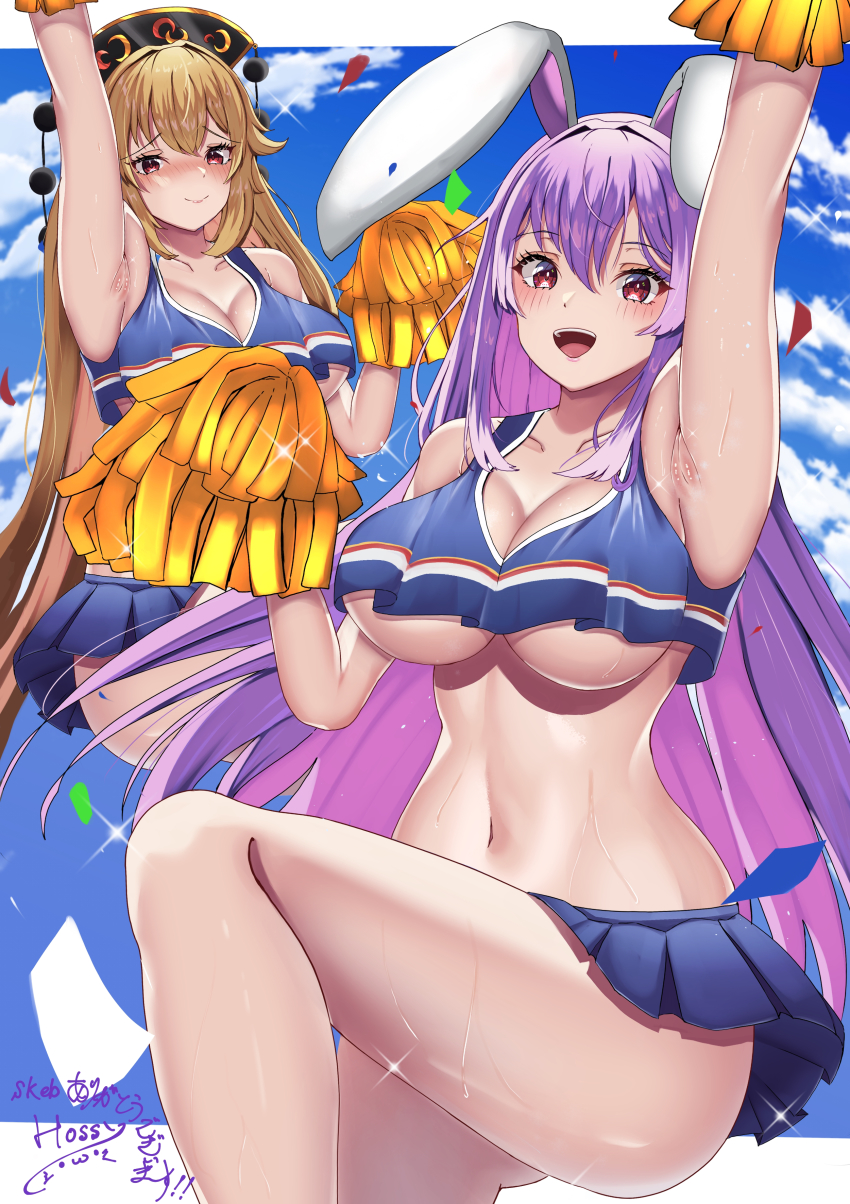 2girls absurdres alternate_costume armpits blonde_hair blue_skirt blue_tank_top blush breasts cheerleader cleavage commentary_request crop_top highres hossy junko_(touhou) large_breasts light_purple_hair lips long_hair looking_at_viewer midriff miniskirt multiple_girls open_mouth pleated_skirt pom_pom_(cheerleading) purple_hair red_eyes reisen_udongein_inaba skirt smile sweat tank_top thighs touhou underboob very_long_hair