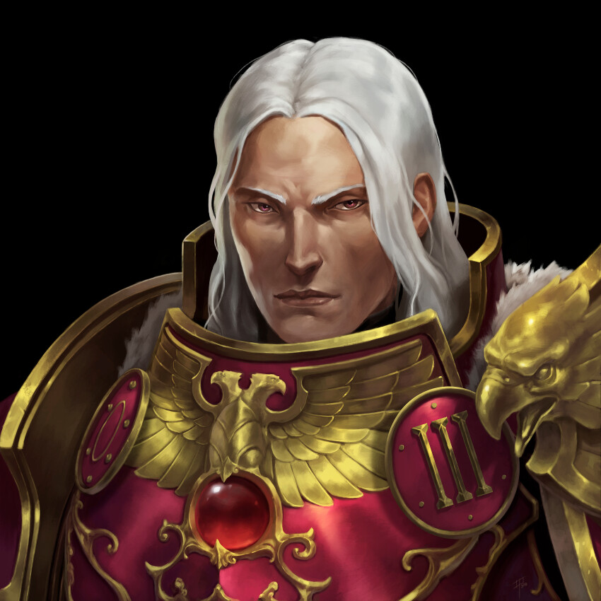 absurdres adrian4rt armor bird black_background eagle emperors_children fulgrim fur_trim gold_armor highres imperial_aquila imperium_of_man long_hair male_focus pink_armor pink_eyes power_armor primarch semi_realisim simple_background warhammer_40k white_hair