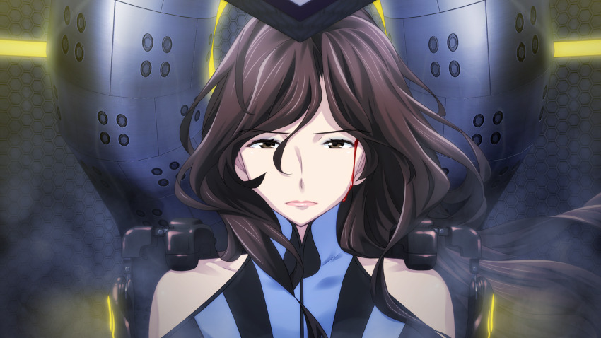 1girl bare_shoulders blood blood_drip blood_from_forehead blood_on_face blue_bodysuit bodysuit brown_eyes brown_hair clothing_cutout collarbone exoskeleton floating_hair frown fukuda_tomonori game_cg hair_over_shoulder high_collar highres indoors lipstick long_hair looking_at_viewer makeup mature_female mecha_interior mecha_pilot_suit narrowed_eyes non-web_source official_art parted_bangs pilot piloting red_lips robotics;notes senomiya_misaki serious shiny_lips shoulder_cutout sitting skin_tight smoke solo vertical-striped_bodysuit