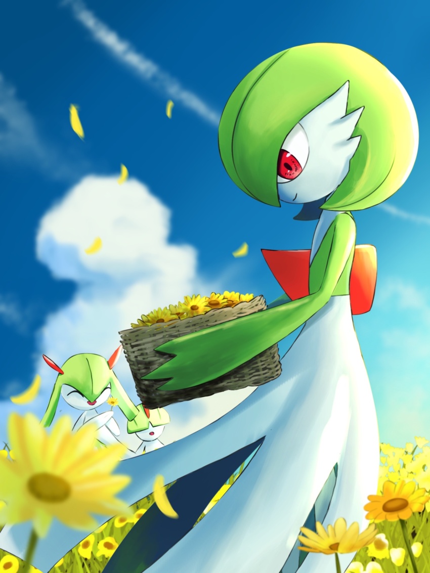 basket blue_sky bob_cut bowl_cut closed_eyes cloud dress flower flower_basket gardevoir gen_3_pokemon green_hair highres horns kirlia nintendo outdoors petals pokemon pokemon_(creature) ralts red_eyes redamber334 sidelocks sky white_dress yellow_flower yellow_petals