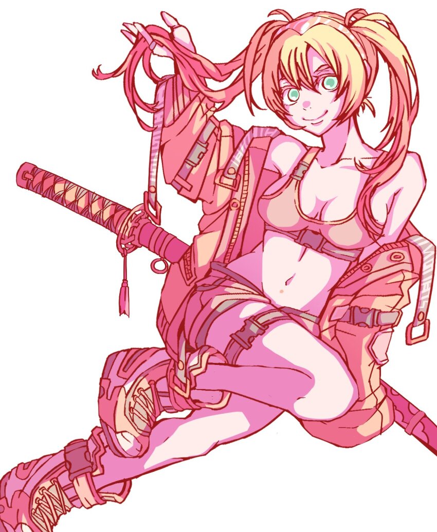 1girl belt blonde_hair boots breasts hashtag-only_commentary highres jacket jewelry looking_at_viewer open_clothes open_jacket original ponzu_jelly ring sheath sheathed short_shorts shorts simple_background smile solo strap streetwear sword tank_top thigh_belt thigh_strap twintails weapon white_background