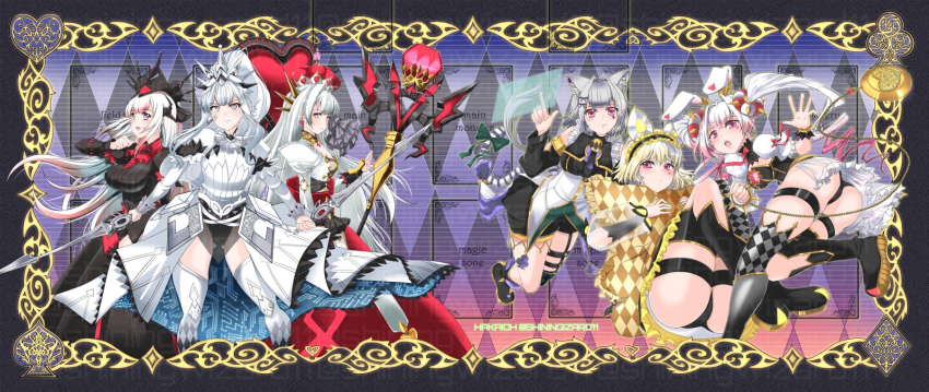 6+girls animal_ears ass asymmetrical_clothes asymmetrical_legwear black_dress black_leotard blush boots breasts cat_ears cat_girl cat_tail checkered_background checkered_clothes checkered_legwear checkered_pillow crown double_bun dress duel_monster finger_to_face frilled_hairband frills from_side hair_bun hairband hakaioh_(shining_wizard) heart highres holding holding_scepter holding_sword holding_weapon large_breasts leotard long_hair long_sleeves looking_at_viewer looking_back maliss_&lt;p&gt;_chessy_cat maliss_&lt;p&gt;_dormouse maliss_&lt;p&gt;_white_rabbit maliss_&lt;q&gt;_hearts_crypter maliss_&lt;q&gt;_red_ransom maliss_&lt;q&gt;_white_binder mouse_ears mouse_girl multicolored_hair multiple_girls pink_eyes pointed_crown ponytail queen rabbit_ears rabbit_girl scepter see-through_clothes see-through_sleeves short_hair sword tail thigh_strap thighhighs thighs two-tone_hair weapon white_thighhighs wrist_cuffs yu-gi-oh! zettai_ryouiki