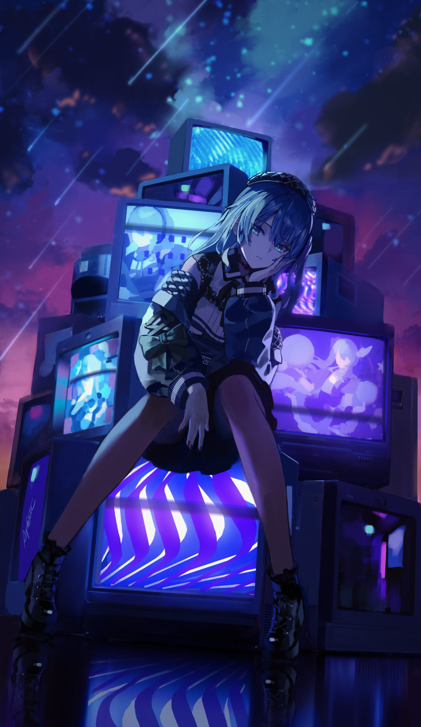 1girl absurdres beret black_shoes blue_eyes blue_hair blurry cloud commentary depth_of_field full_body hat head_rest highres hololive hoshimachi_suisei konerluv long_hair long_sleeves looking_at_viewer night night_sky outdoors pantyhose purple_pantyhose shoes shooting_star sitting sky solo star_(sky) starry_sky symbol-only_commentary television virtual_youtuber