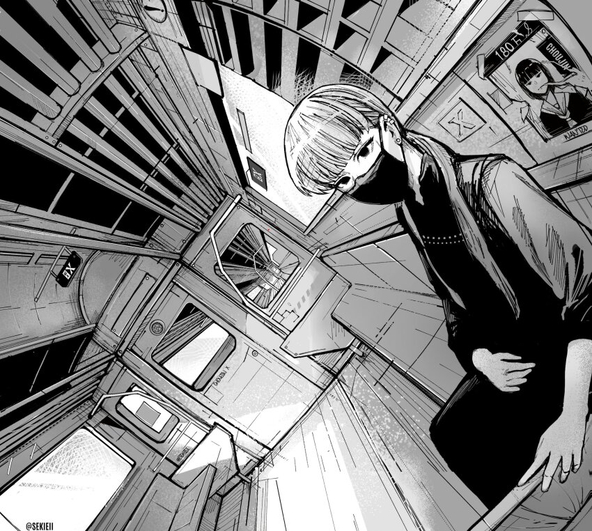 1girl armrest artist_name black_eyes blunt_bangs choujin_x commentary dutch_angle earclip earrings fisheye greyscale highres jewelry looking_at_viewer low_ponytail mask monochrome mouth_mask no_pupils perspective ponytail ririka_umezawa seki_31_(artist) sitting solo surgical_mask train_interior turning_head
