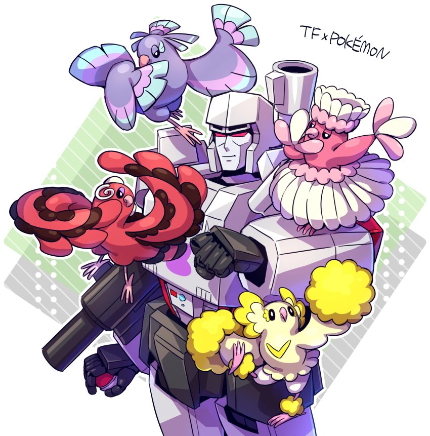 1boy absurdres animal_on_arm aoi_rena bird bird_on_arm black_eyes clenched_hand crossover decepticon gen_7_pokemon highres holding holding_poke_ball looking_at_viewer looking_to_the_side looking_up mecha megatron nintendo open_hand oricorio oricorio_(baile) oricorio_(pa&#039;u) oricorio_(pom-pom) oricorio_(sensu) poke_ball pokemon pokemon_(creature) red_eyes robot transformers