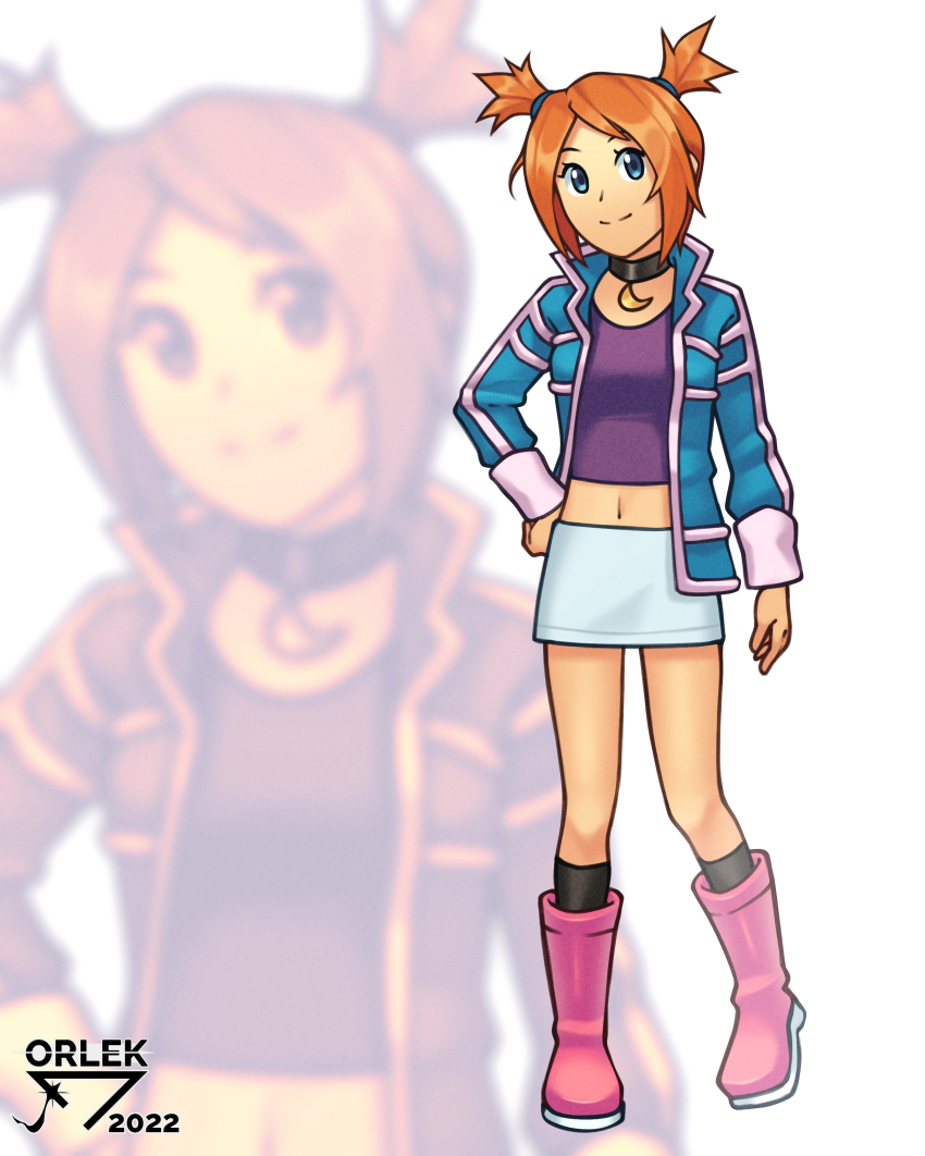 1girl absurdres aqua_eyes aqua_jacket arm_at_side artist_name black_choker boots choker closed_mouth eyelashes full_body hand_on_own_hip highres jacket kneehighs long_sleeves looking_at_viewer navel nintendo open_clothes open_jacket orange_hair orlek pink_boots pokemon pokemon_colosseum purple_shirt rui_(pokemon) shirt skirt smile socks solo split_mouth standing two_side_up white_background white_skirt zoom_layer