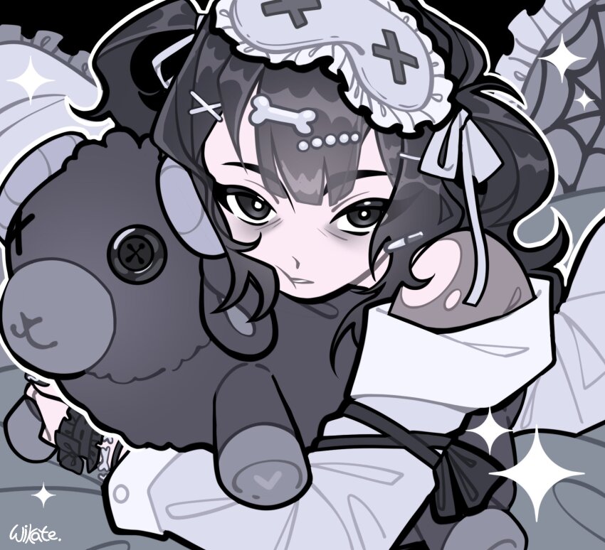 bags_under_eyes beads black_background black_bow black_eyes black_hair black_jacket black_wrist_cuffs blunt_bangs bodysuit bodysuit_under_clothes bone_hair_ornament bow bright_pupils buttons cheek_squash collared_jacket commission expressionless eyes_visible_through_hair frilled_wrist_cuffs frills grey_bodysuit grey_mask grey_ribbon grey_skirt grey_sleeves grey_theme hair_beads hair_ornament hair_ribbon hairclip highres holding holding_staff hugging_object jacket long_hair long_sleeves lying mask mask_on_head on_bed on_stomach original outline parted_lips pleated_skirt ribbon sidelocks silk skirt sleep_mask sleeve_cuffs sparkle spider_web staff stuffed_animal stuffed_sheep stuffed_toy torn_bodysuit torn_clothes two-tone_skirt two_side_up white_outline white_pupils white_skirt white_sleeve_cuffs wikate wrist_bow wrist_cuffs x_hair_ornament