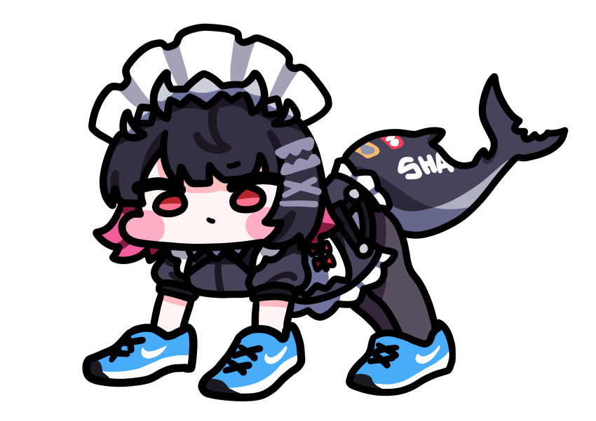 1girl absurdres all_fours black_hair blue_shoes blunt_bangs chibi colored_inner_hair deformed ellen_joe fins fish_tail hands_in_shoes highres italian_brainrot_ai_animals_(meme) looking_at_viewer maid maid_headdress meme metal_hairband mmiko multicolored_hair nike_(company) red_eyes shark_girl shark_tail shoes short_hair short_sleeves simple_background sneakers solo spiked_headband tail white_background zenless_zone_zero