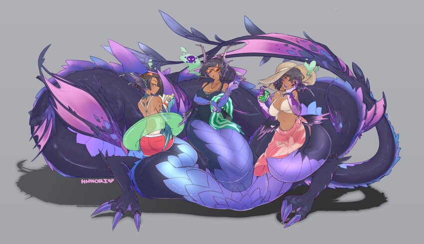 blue_scales buoy claws conjoined dark_skin fins hat head_fins hhhori highres hydra monster_girl multiple_heads original purple_scales sarong scales sunglasses swimsuit taur triplets