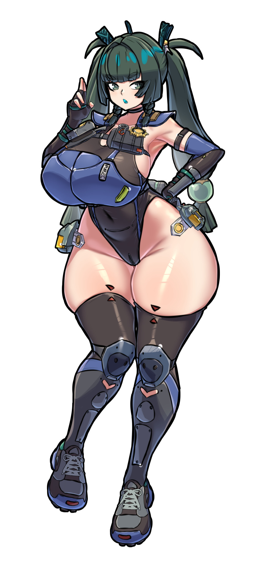 1girl absurdres alternate_costume android armor armpits bare_shoulders battery black_choker black_gloves black_one-piece_swimsuit black_shoes black_thighhighs blunt_bangs braid breastplate breasts choker collarbone competition_swimsuit covered_navel curvy elbow_gloves fingerless_gloves full_body gloves green_eyes green_hair hair_ornament hair_ribbon hand_on_own_hip hand_up highres huge_breasts knee_pads long_hair mold_(pixiv6616319) one-piece_swimsuit open_mouth police police_badge police_uniform policewoman pouch qingyi_(zenless_zone_zero) ribbon shoes simple_background sneakers solo sphere_hair_ornament swimsuit thick_thighs thighhighs thighs twin_braids twintails unconventional_police_uniform white_background wide_hips zenless_zone_zero
