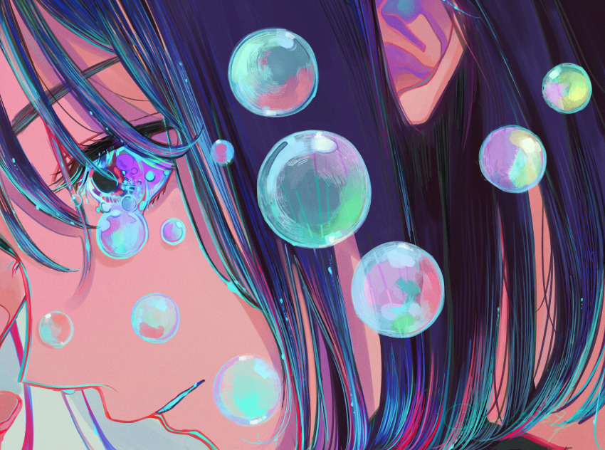 1girl alternate_body_fluid black_hair bubble colored_tears crying floating_tears highres medium_hair original portrait profile purple_eyes richard-kun solo tears