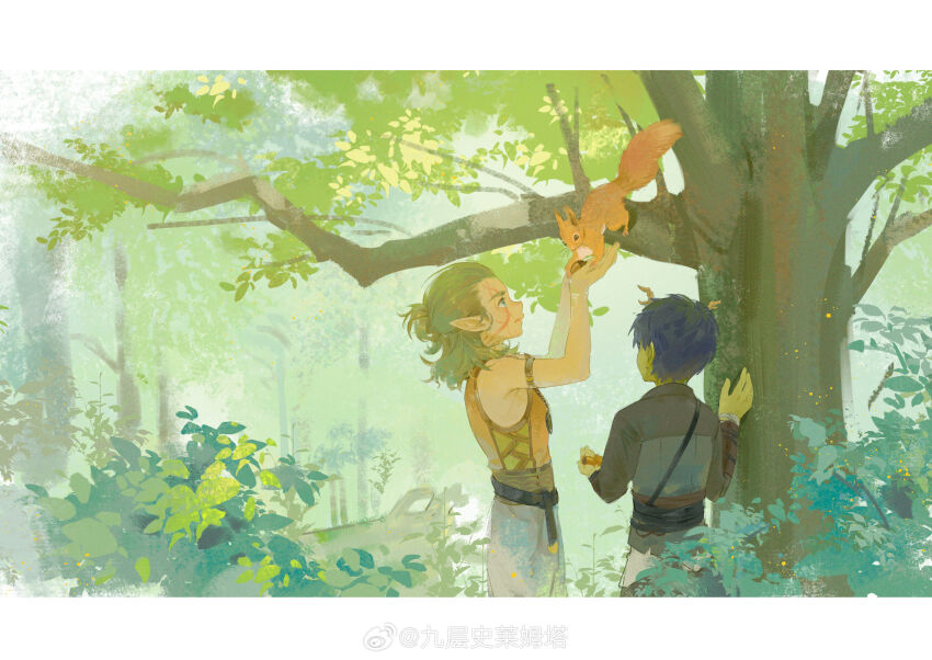 2boys absurdres affectionate aged_down antlers armpits baldur&#039;s_gate baldur&#039;s_gate_3 border brown_hair bush child colored_skin dark-skinned_male dark_skin elf from_side green_skin halsin highres horns lee999nine male_focus medium_hair monster_boy multiple_boys nature pointy_ears sleeveless thick_eyebrows tree white_border