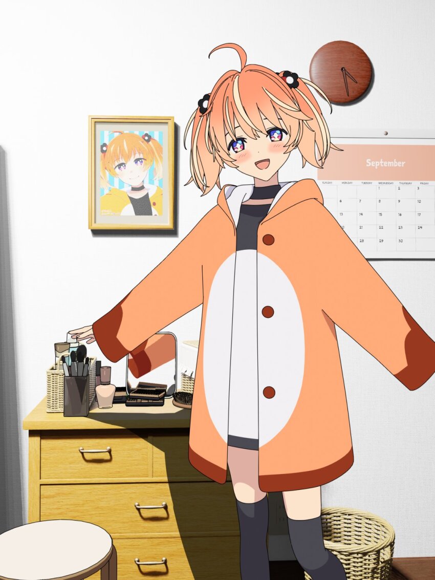 +_+ 1girl 3d ahoge artist_request black_choker black_shirt black_thighhighs blender_(medium) blonde_hair blush bright_pupils calendar_(object) cel_rendering choker clock commentary_request cowboy_shot drawing_(object) highres hood hood_down hoodie indoors long_sleeves looking_at_viewer makeup medium_hair multicolored_eyes no_pants open_clothes open_hoodie open_mouth orange_hair orange_hoodie pink_eyes portrait_(object) purple_eyes rinne_(rinrinne) rinrinne shirt sleeves_past_wrists smile solo standing t-shirt tareme thighhighs two-tone_shirt two_side_up virtual_youtuber wall_clock white_pupils white_shirt wide_sleeves