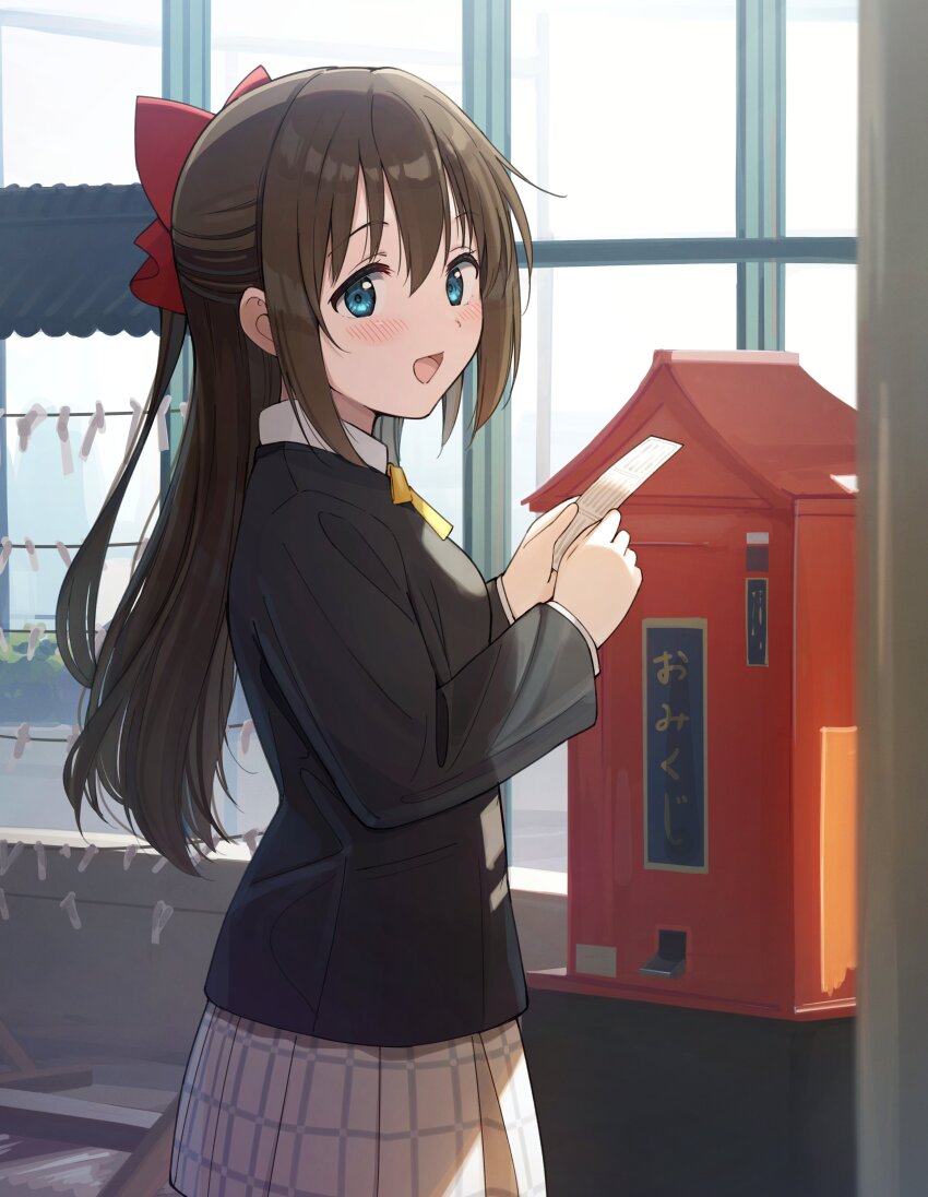 1girl :d absurdres black_jacket blue_eyes blush bow brown_hair collared_shirt commentary_request cowboy_shot dress_shirt hair_between_eyes hair_bow half_updo highres holding_omikuji jacket long_hair long_sleeves looking_at_viewer love_live! love_live!_nijigasaki_high_school_idol_club miniskirt neck_ribbon nijigasaki_school_uniform omikuji open_mouth osaka_shizuku outdoors plaid_clothes plaid_skirt pleated_skirt red_bow ribbon school_uniform shirt sidelocks skirt smile solo tata_(tataice) white_shirt white_skirt winter_uniform yellow_ribbon
