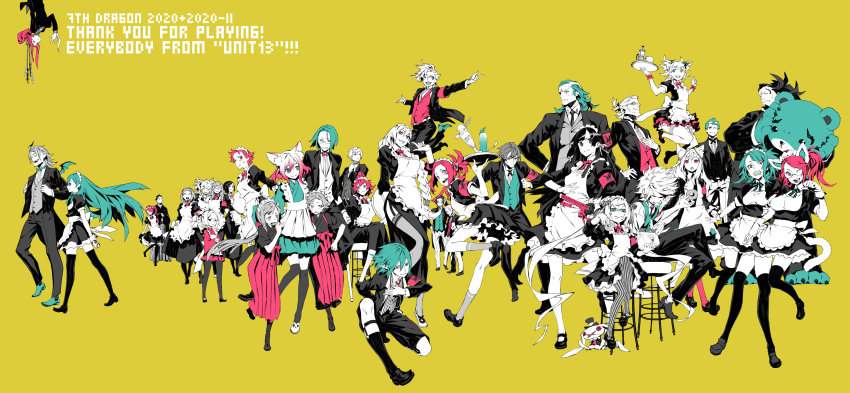 6+boys 6+girls 7th_dragon 7th_dragon_(series) 7th_dragon_2020 7th_dragon_2020-ii absurdres aitelle animal_ears aogiri_(7th_dragon) apron blush butler cat_ears character_request chelsea_(7th_dragon) destroyer_(7th_dragon_2020) emel_(7th_dragon) english_text formal_clothes glasses gloves hacker_(7th_dragon) highres idol_(7th_dragon) kujou_tsubaki long_hair maid maid_apron maid_headdress marina_(7th_dragon) miina_(7th_dragon) miina_(7th_dragon_2020) miroku_(7th_dragon) miroku_(7th_dragon_2020) miwa_shirow multiple_boys multiple_girls murmur_(7th_dragon) navigator_(7th_dragon) nishimura_haru_(7th_dragon) samurai_(7th_dragon) short_hair tail thank_you thighhighs yellow_background