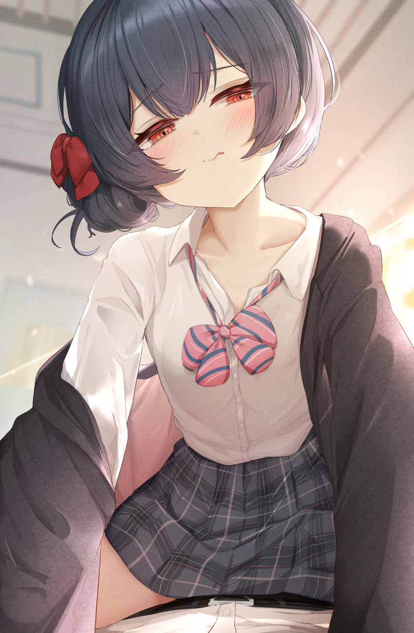 1boy 1girl :/ absurdres black_skirt blue_hair blush bow bowtie collarbone diagonal-striped_bow diagonal-striped_bowtie diagonal-striped_clothes hair_ribbon half-closed_eyes hetero highres idolmaster idolmaster_shiny_colors indoors jacket looking_at_viewer loose_bowtie morino_rinze open_collar plaid_clothes plaid_skirt pov pov_crotch red_eyes ribbon school_uniform shirt short_hair sitting sitting_on_person skirt sky_cappuccino straddling striped_clothes white_shirt