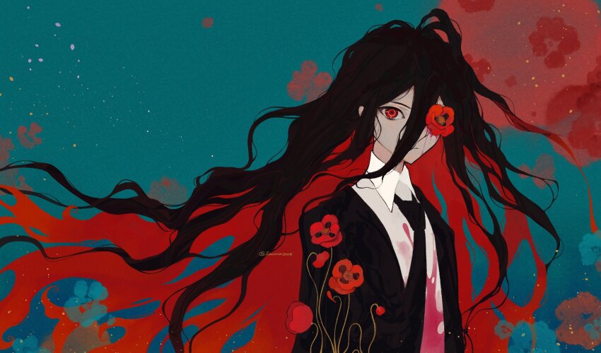 1boy artist_name black_hair black_jacket black_necktie blood blood_on_clothes blood_on_face blue_background collared_shirt colored_inner_hair commentary danganronpa_(series) danganronpa_2:_goodbye_despair expressionless flower flower_over_eye formal_clothes hair_between_eyes highres jacket kamukura_izuru liang_cun_rakuna long_hair looking_at_viewer male_focus messy_hair multicolored_hair necktie one_eye_covered poppy_(flower) red_background red_eyes red_flower red_hair shirt simple_background solo suit symbol-only_commentary twitter_username two-tone_background upper_body very_long_hair white_shirt wing_collar