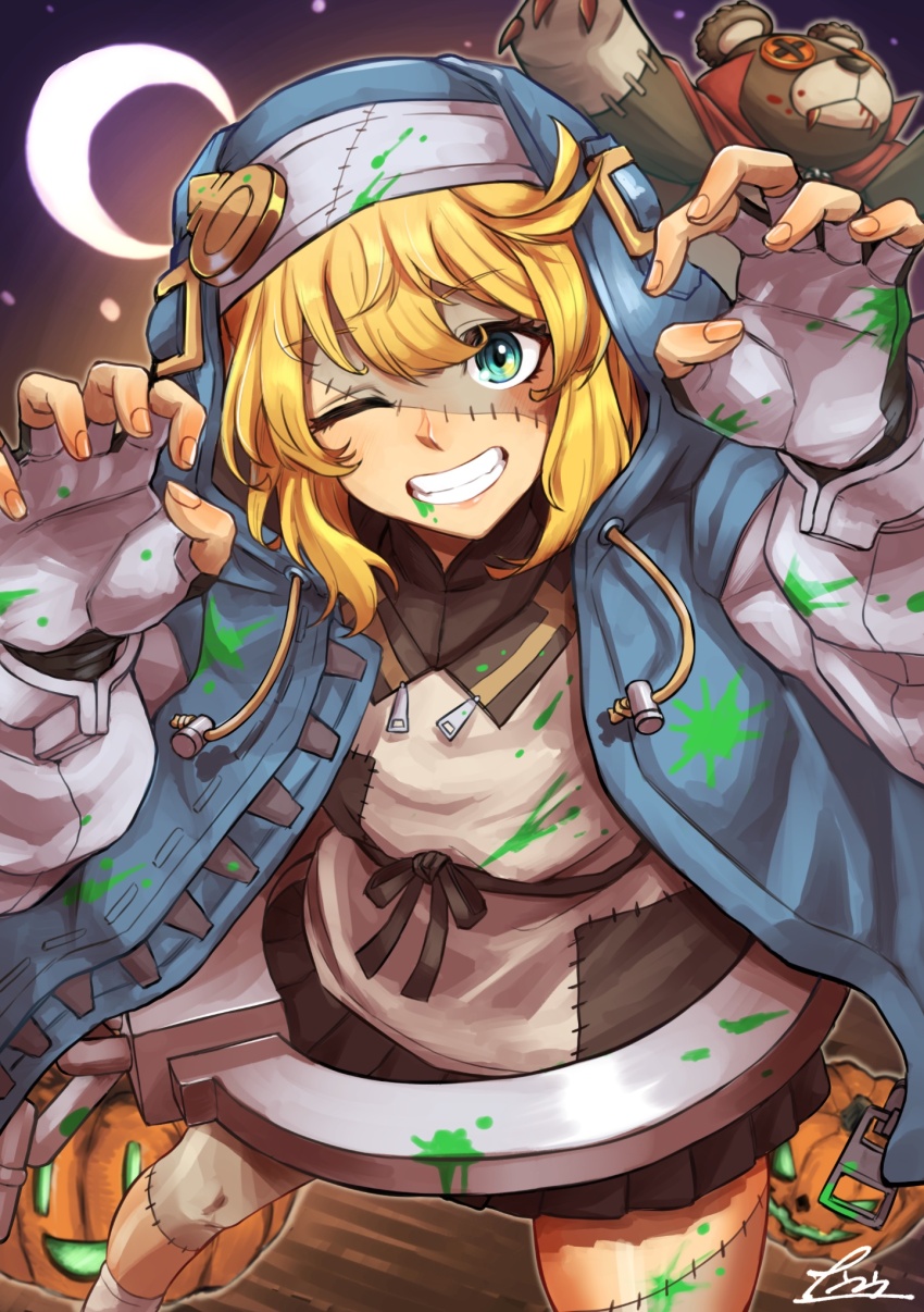 1boy androgyne_symbol black_gloves blonde_hair bridget_(guilty_gear) bridget_(guilty_gear)_(cosplay) claw_pose colored_skin cosplay crescent_moon cuffs fingerless_gloves gloves green_eyes grey_skin grin guilty_gear guilty_gear_strive habit halloween halloween_costume handcuffs highres hood hood_up hooded_jacket jack-o&#039;-lantern jacket looking_at_viewer male_focus medium_hair moon multicolored_skin nankou_(koutanan) one_eye_closed patchwork_skin roger_(guilty_gear) smile stitched_face stitched_leg stitches stuffed_animal stuffed_toy teddy_bear teeth trap two-tone_skin vampire_costume zombie