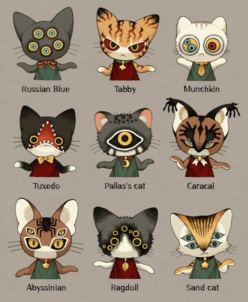 animal animal_collar animal_ear_fluff animal_focus body_horror bow bowtie bug caracal cat closed_mouth clothed_animal collar commentary creature english_commentary extra_eyes extra_pupils frown green_shirt grey_background grey_cat highres horror_(theme) looking_at_viewer maniani monster necktie no_humans original red_shirt shirt sleeveless sleeveless_shirt spider tabby_cat too_many too_many_cats white_cat yellow_bow yellow_bowtie yellow_necktie