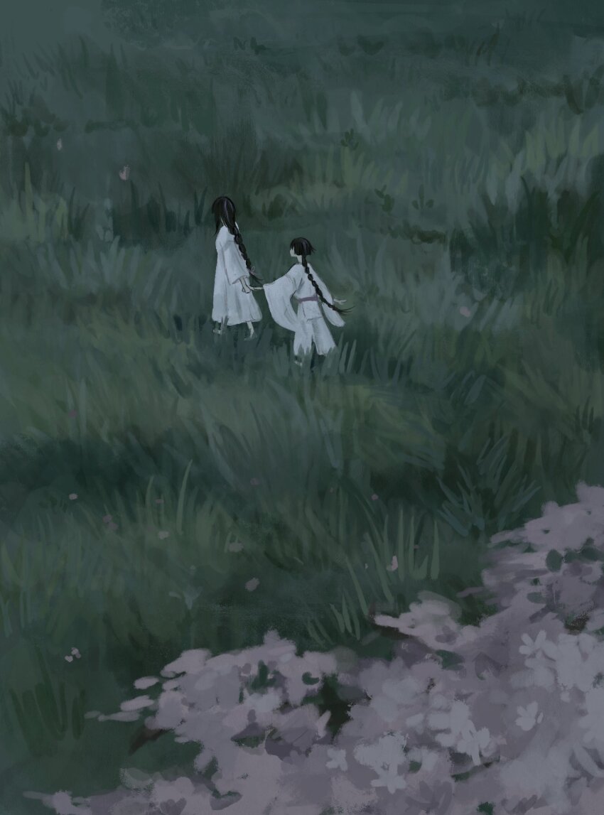 1boy 1girl alternate_hair_length alternate_hairstyle arm_at_side black_hair blunt_ends cherry_blossoms dress facing_another from_behind genshin_impact grass highres holding_hands japanese_clothes kariginu long_hair long_sleeves low-braided_long_hair low-tied_long_hair mother_and_son multicolored_hair outstretched_arm painterly pants pelvic_curtain purple_sash raiden_shogun sash scaramouche_(genshin_impact) scaramouche_(kabukimono)_(genshin_impact) sidelocks streaked_hair walking white_dress white_pants wide_sleeves yoruli_e