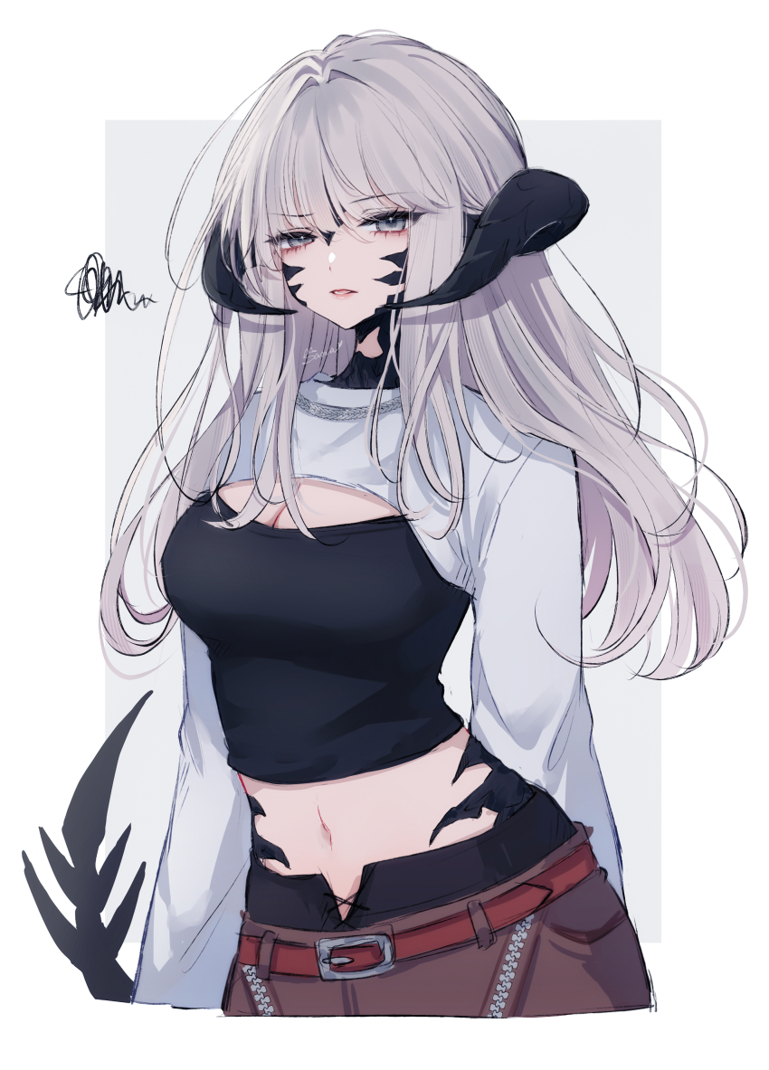 1girl absurdres au_ra belt black_eyes black_tank_top breasts cleavage cropped_torso dragon_girl dragon_horns dragon_tail final_fantasy final_fantasy_xiv grey_hair highres horns jewelry long_hair medium_breasts midriff navel necklace pants sana_(sanamaru_0w0) scales shrug_(clothing) signature squiggle tail tank_top upper_body warrior_of_light_(ff14) white_shrug