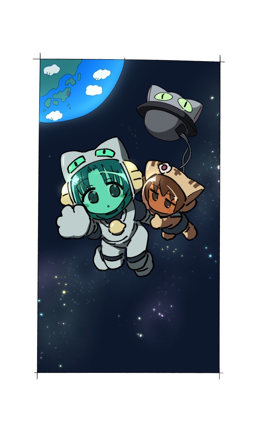 2girls animal_hat anzu_yoshihiro astronaut bell border brown_hair cat_hat chibi dejiko di_gi_charat earth_(planet) full_body hat highres holding_hands jitome multiple_girls neck_bell open_mouth planet puchiko space star_(sky) ufo white_border