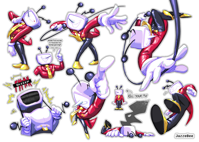 1boy ant_tenna arm_up artist_name black_pants blush_stickers commentary crt deltarune english_commentary english_text gloves grey_background grey_outline highres jazzebee male_focus multiple_views necktie object_head outline outstretched_arm pants pointing pointy_nose pulling shoes single_blush_sticker smile static_electricity tailcoat teeth white_gloves yellow_necktie yellow_shoes