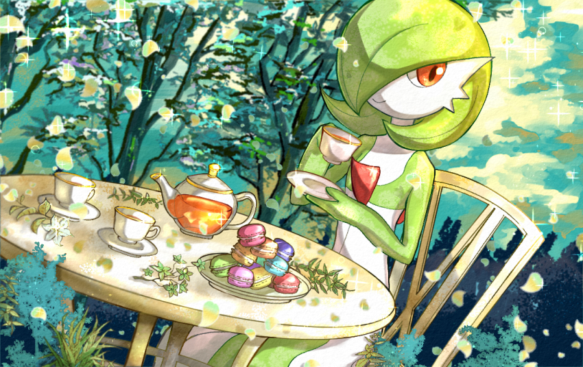 bad_id bad_pixiv_id bob_cut chair colored_skin cup dress falling_petals food gardevoir gen_3_pokemon green_hair green_skin hair_over_one_eye hamachamu holding holding_cup holding_plate looking_at_viewer macaron multicolored_skin nintendo petals pink_eyes plate pokemon pokemon_(creature) sitting smile table teacup teapot tree two-tone_skin white_dress white_skin