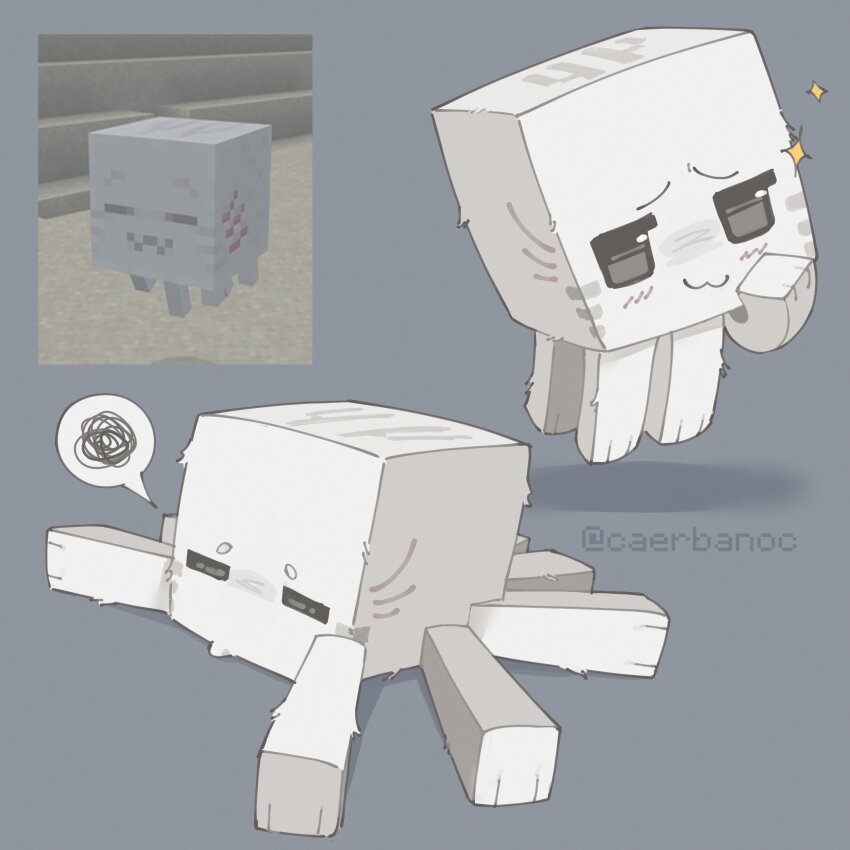 :3 absurdres artist_name caerbanoc closed_eyes commentary dried_ghast english_commentary english_text furrowed_brow ghast grey_background happy_ghast highres lying minecraft reference_photo smug sparkle spoken_squiggle squiggle twitter_username white_fur