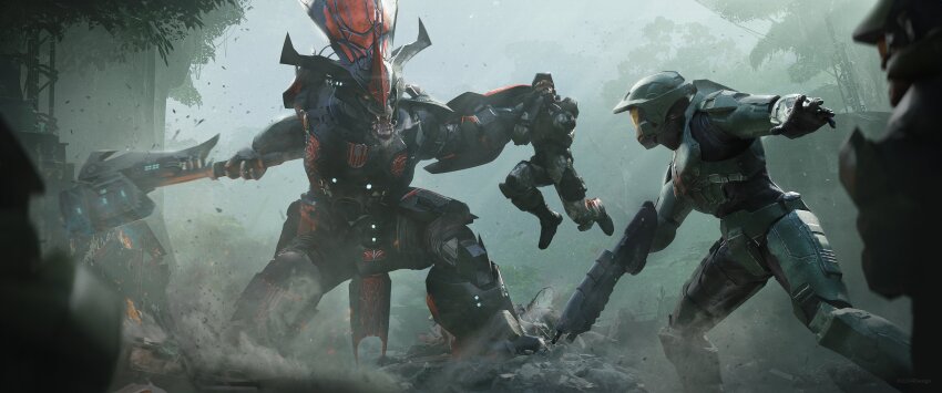 2204design 3boys absurdres alien axe battle_axe giant gun halo_(series) highres holding holding_axe holding_gun holding_weapon multiple_boys spartan_(halo) troll weapon