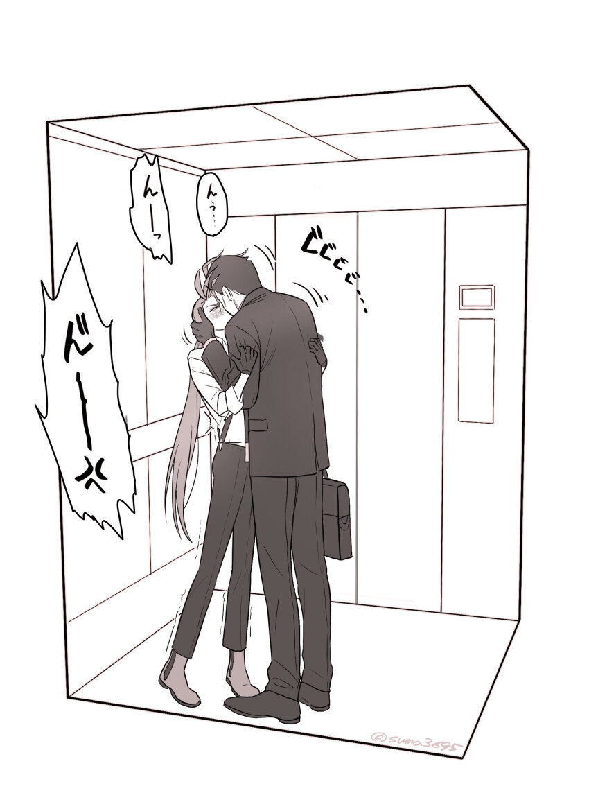 1boy 1girl absurdres boots comic commentary elevator formal_clothes gloves hetero highres holding holding_suitcase kiss larry_(pokemon) limited_palette long_hair monochrome multicolored_hair nintendo pokemon pokemon_sv ponytail rika_(pokemon) segmented_comic streaked_hair suit suitcase suma3695 suspenders translation_request trembling twitter_username two-tone_hair very_long_hair