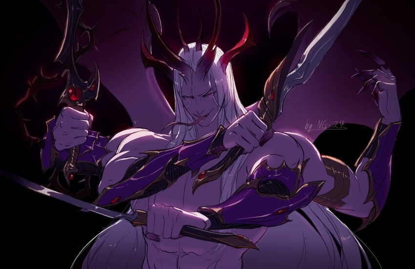 1boy armor artist_name black_background bracer commentary demon_primarch demon_wings emperor&#039;s_children english_commentary extra_arms eye_of_horus_(warhammer) fangs forked_tongue fulgrim glowing glowing_eyes hashtag-only_commentary highres holding holding_sword holding_weapon horns long_hair male_focus muscular muscular_male ng_hamburger open_mouth pink_eyes plant primarch purple_armor solo sword thorns tongue topless_male very_long_hair vines warhammer_40k weapon white_hair wings